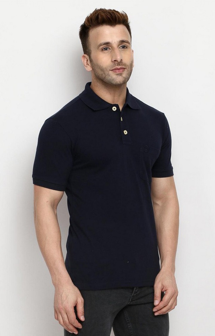 Men's Navy Blue Solid Polycotton Polo T-Shirt