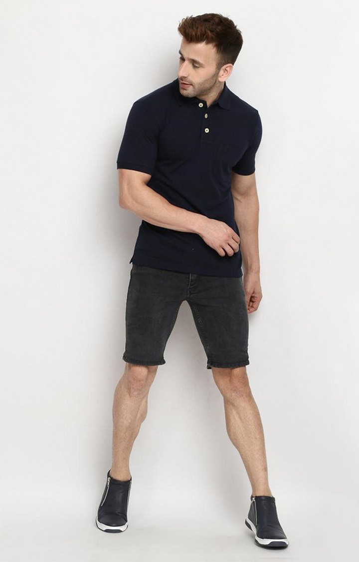 Men's Navy Blue Solid Polycotton Polo T-Shirt