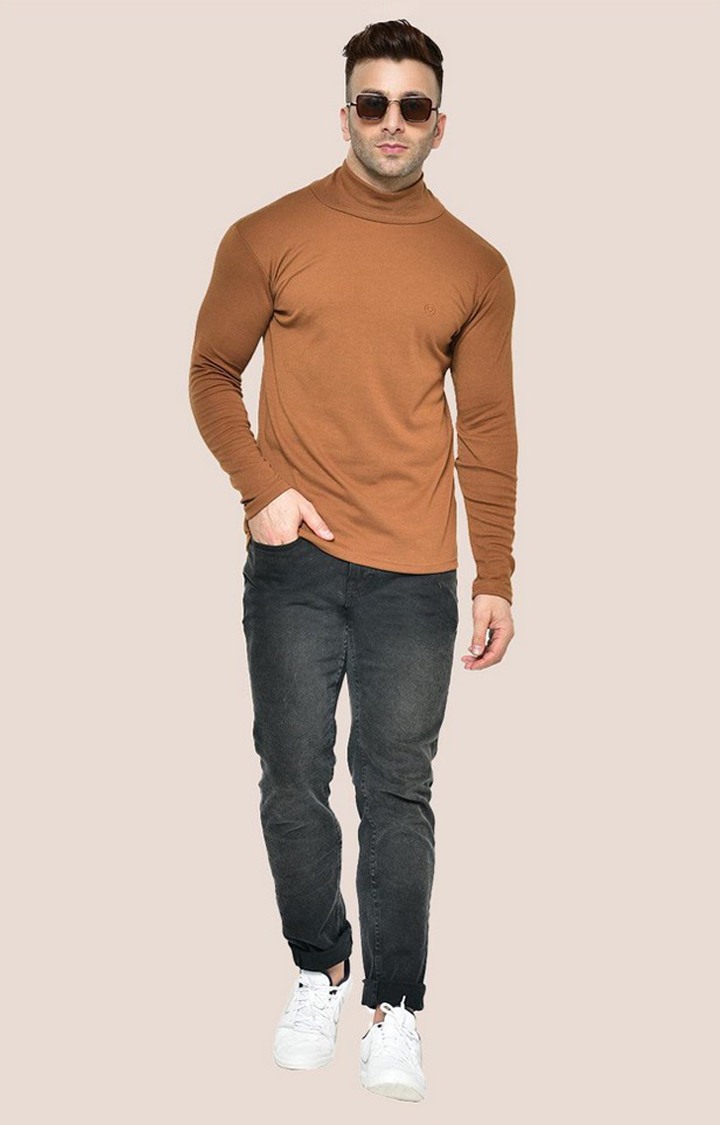 Men's Brown Solid Polycotton Regular T-Shirt