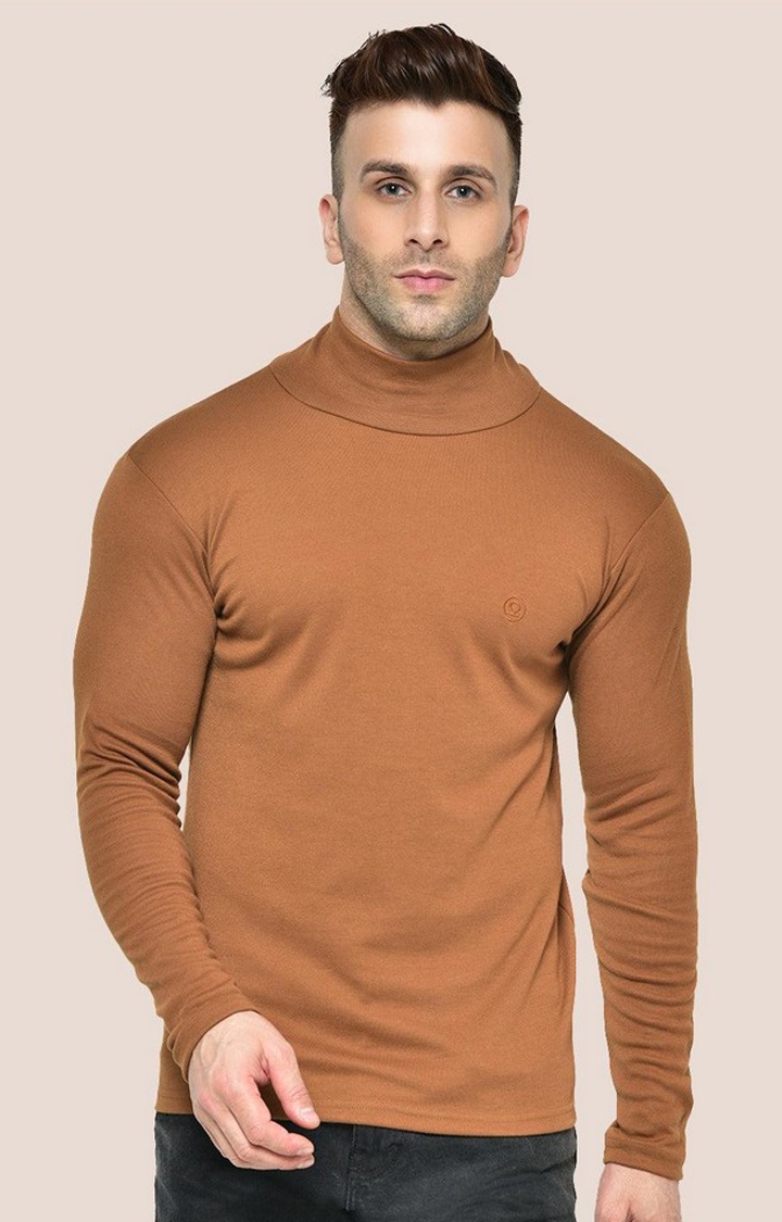CHKOKKO | Men's Brown Solid Polycotton Regular T-Shirt