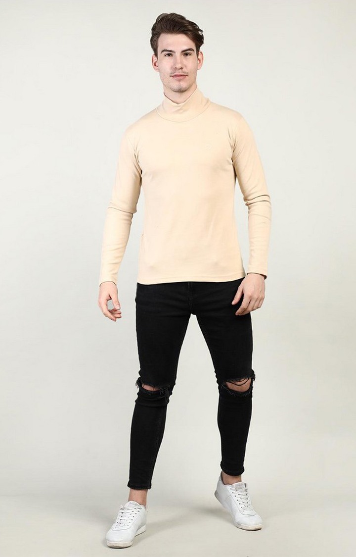 Men's Beige Solid Polycotton Regular T-Shirt