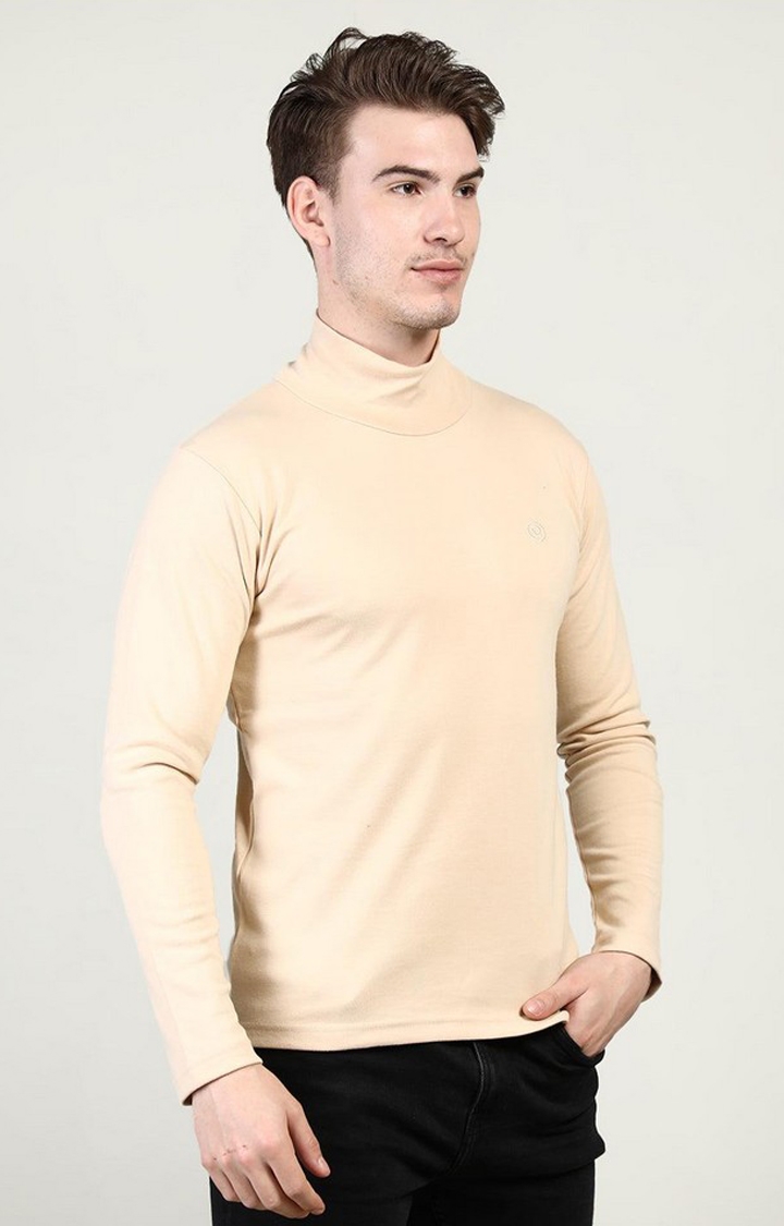 Men's Beige Solid Polycotton Regular T-Shirt