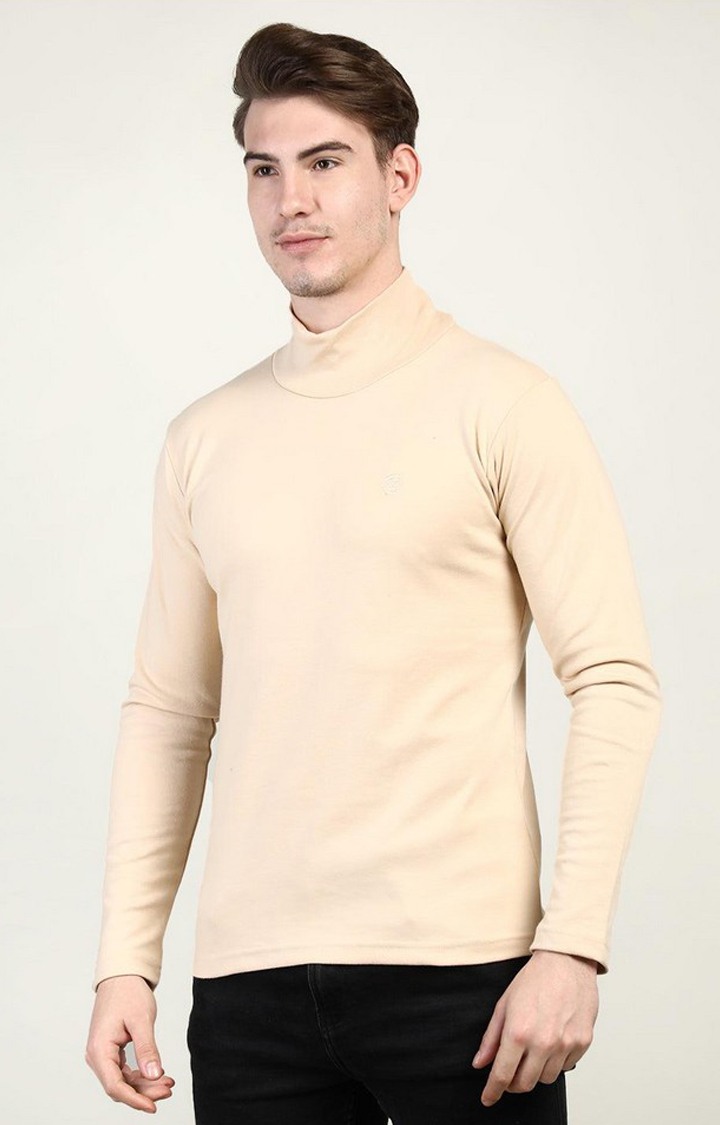 Men's Beige Solid Polycotton Regular T-Shirt