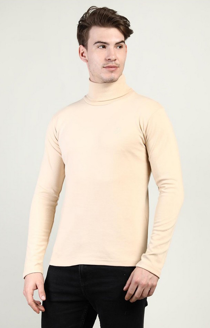 CHKOKKO | Men's Beige Solid Polycotton Regular T-Shirt