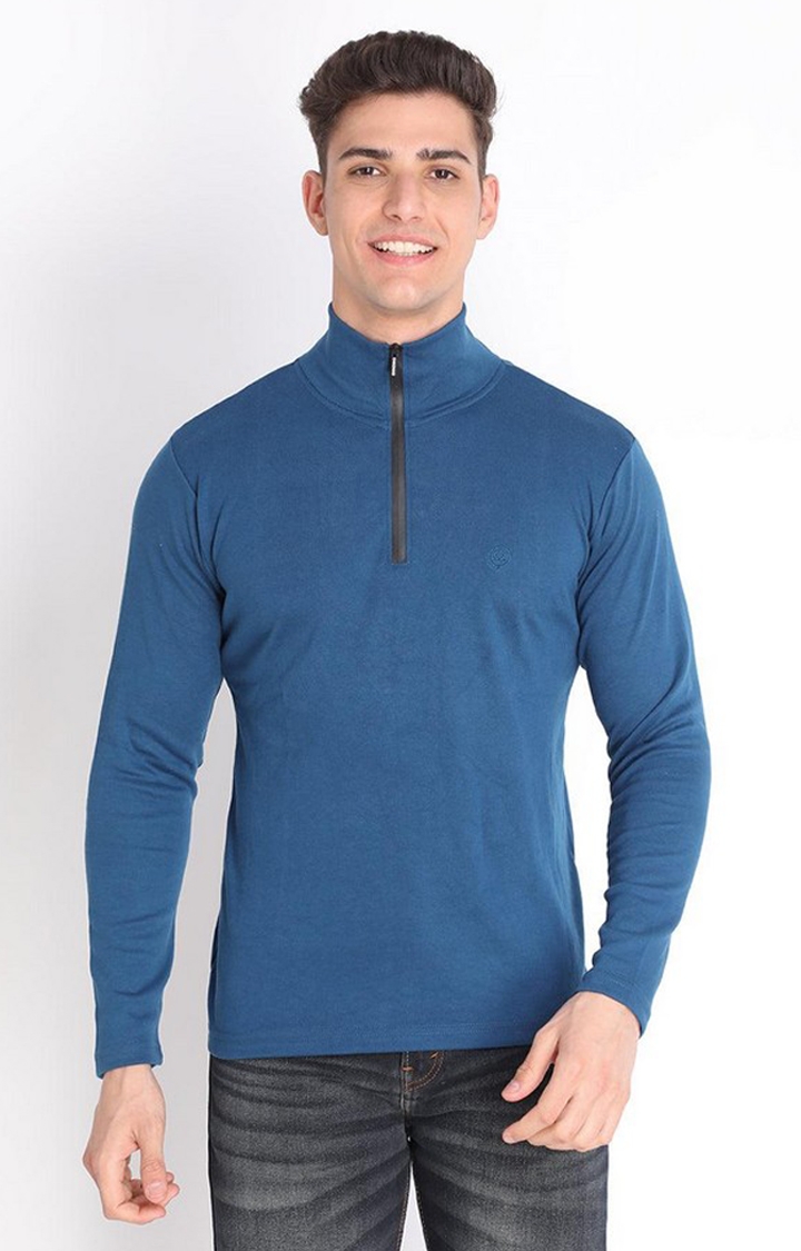 CHKOKKO | Men's Blue Solid Polycotton Regular T-Shirt