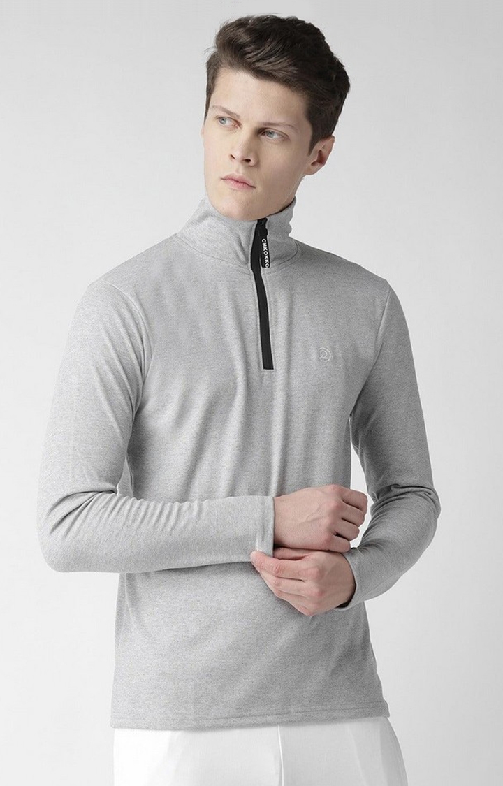 Men's Grey Melange Textured Polycotton Regular T-Shirt