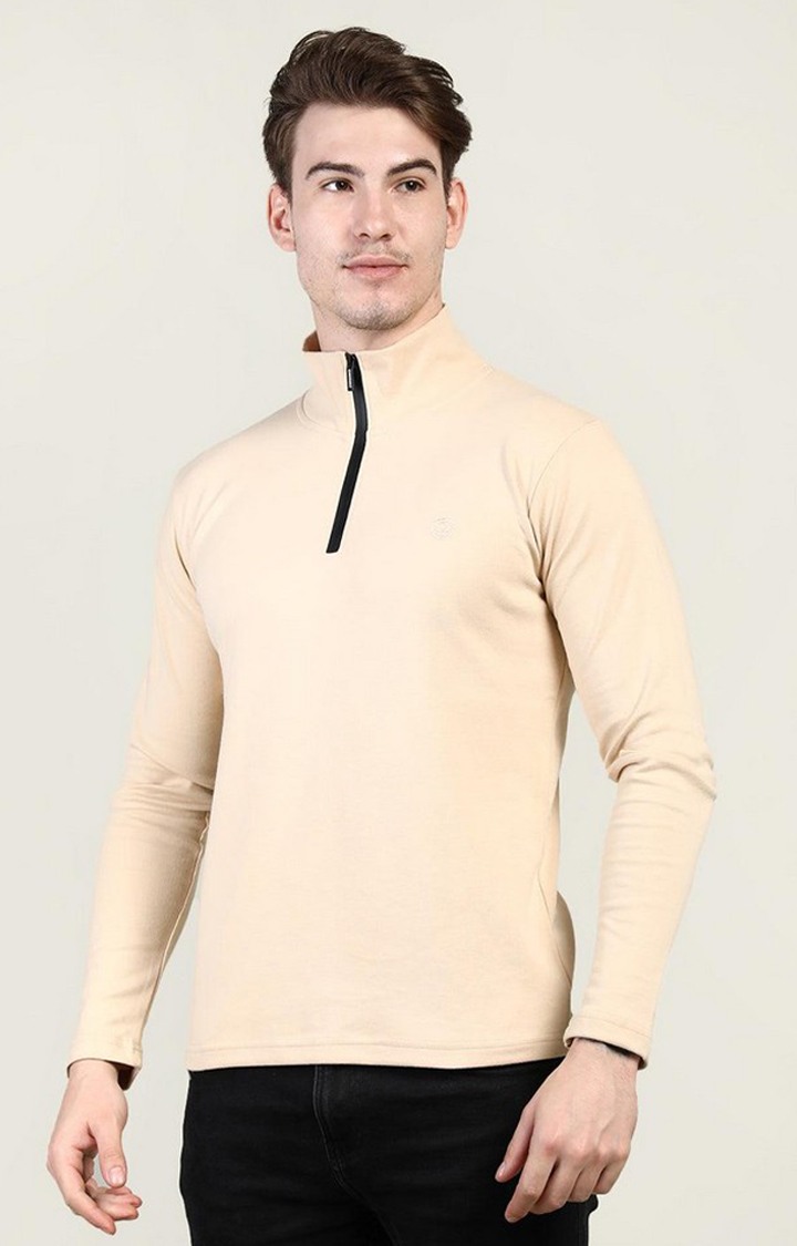 Men's Beige Solid Polycotton Regular T-Shirt