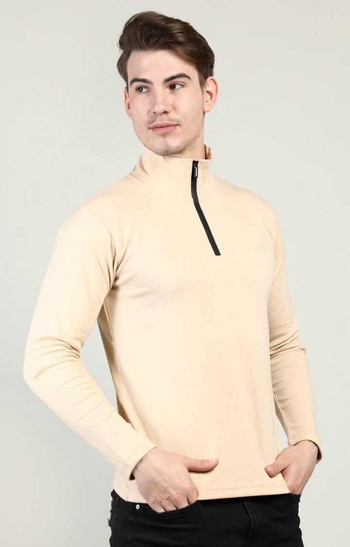 Men's Beige Solid Polycotton Regular T-Shirt