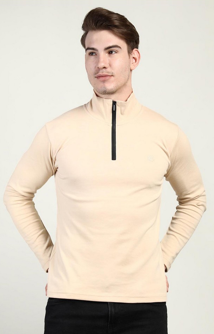 CHKOKKO | Men's Beige Solid Polycotton Regular T-Shirt