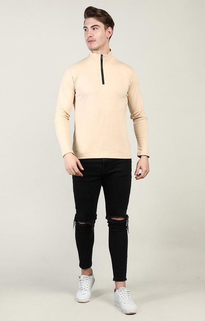 Men's Beige Solid Polycotton Regular T-Shirt