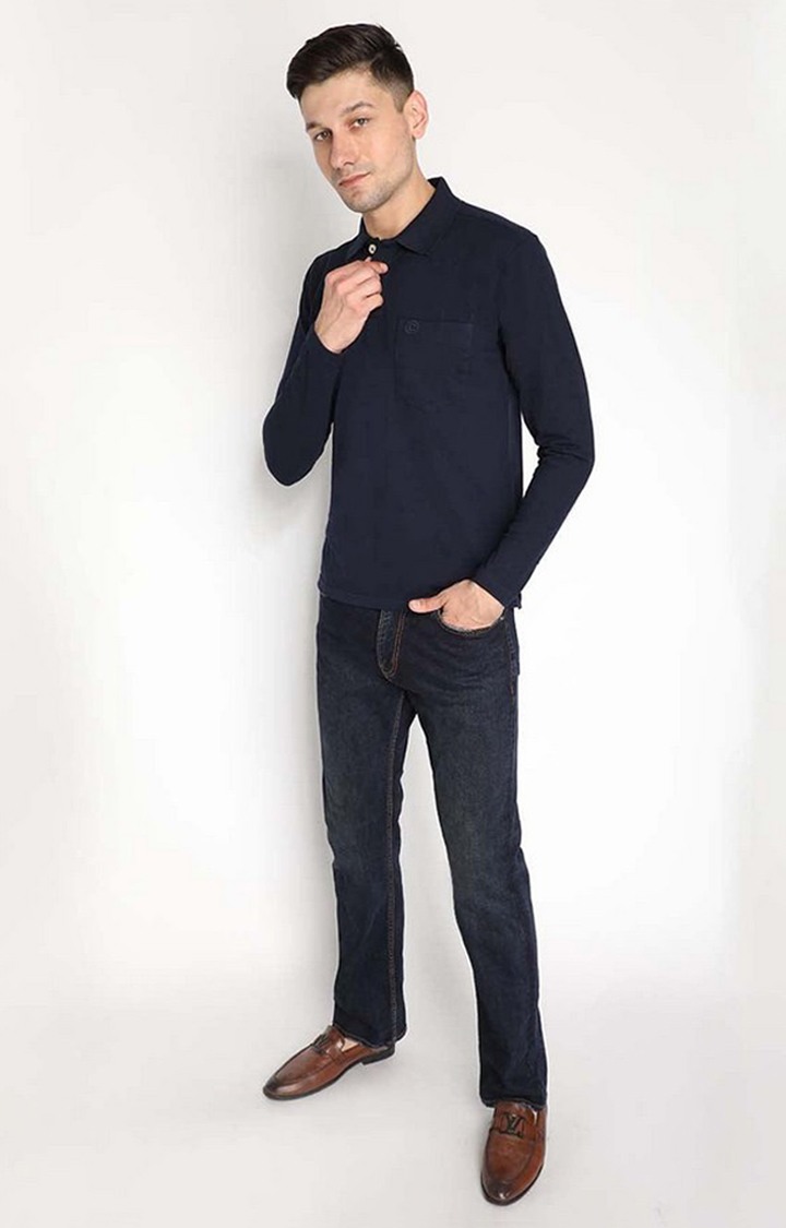 Men's Navy Blue Solid Polycotton Polo T-Shirt