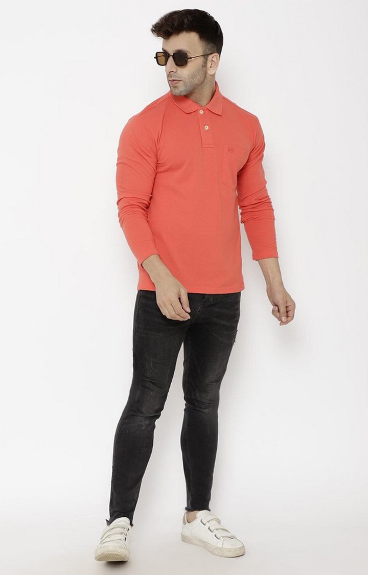 Men's Peach Red Solid Polycotton Polo T-Shirt