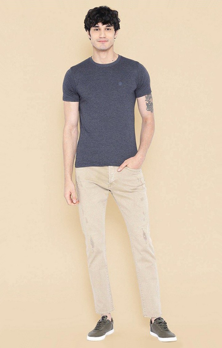 Men's Grey Melange Textured Polycotton Regular T-Shirt