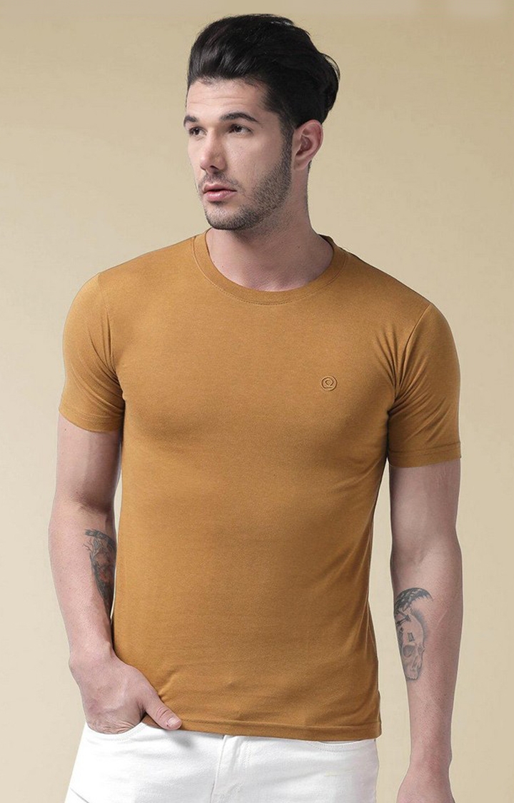 CHKOKKO | Men's Yellow Solid Polycotton Regular T-Shirt