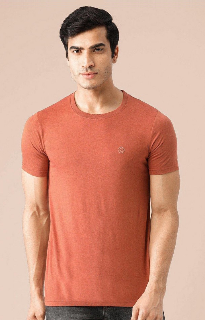 CHKOKKO | Men's Rust Brown Solid Polycotton Regular T-Shirt
