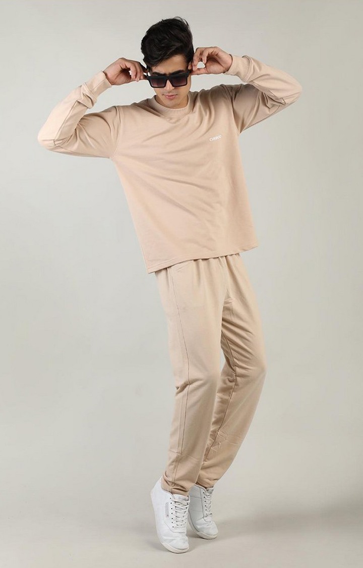 Men's Beige Solid Cotton Activewear T-Shirt