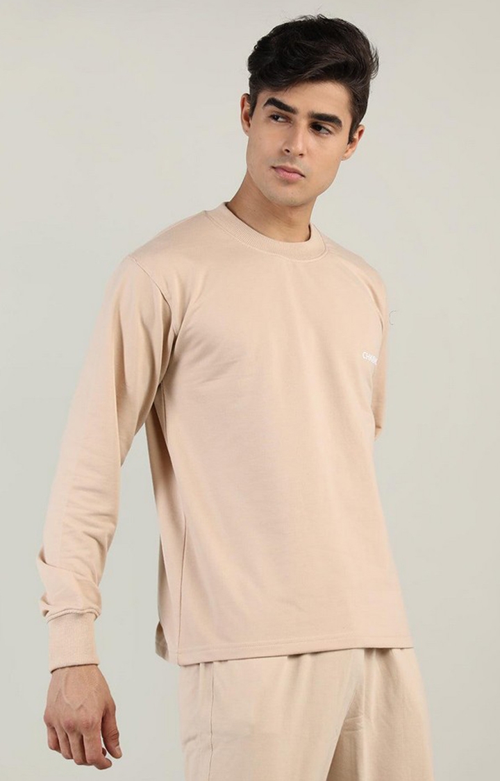 Men's Beige Solid Cotton Activewear T-Shirt