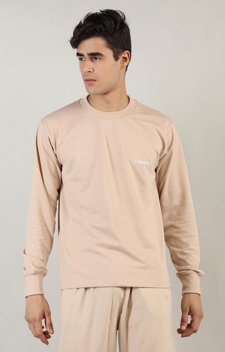 CHKOKKO | Men's Beige Solid Cotton Activewear T-Shirt
