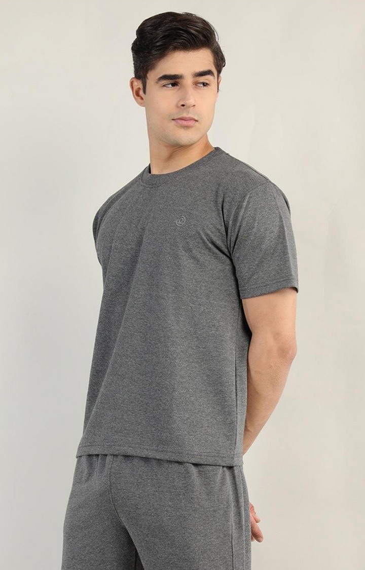 Men's Grey Melange Textured Cotton Activewear T-Shirt