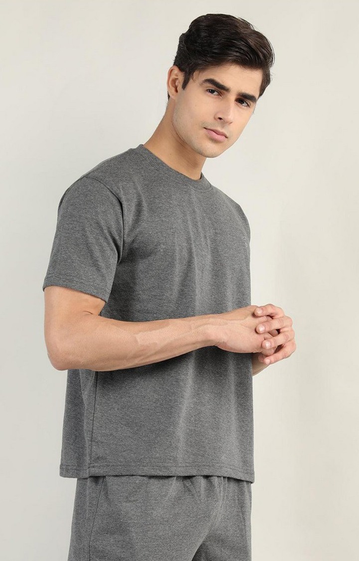 Men's Grey Melange Textured Cotton Activewear T-Shirt