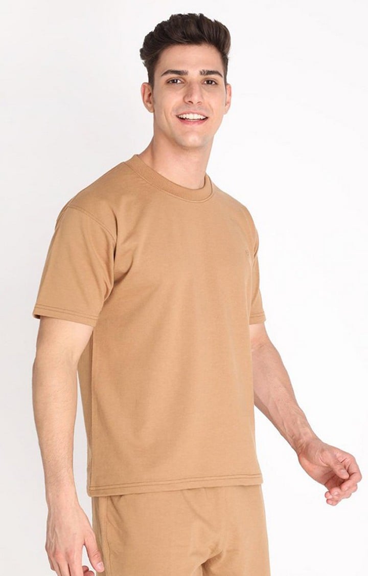 Men's Brown Solid Cotton Oversized T-Shirt