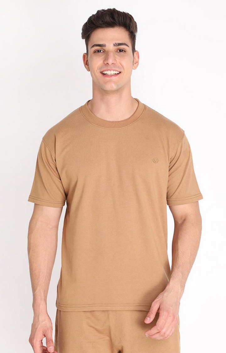 CHKOKKO | Men's Brown Solid Cotton Oversized T-Shirt
