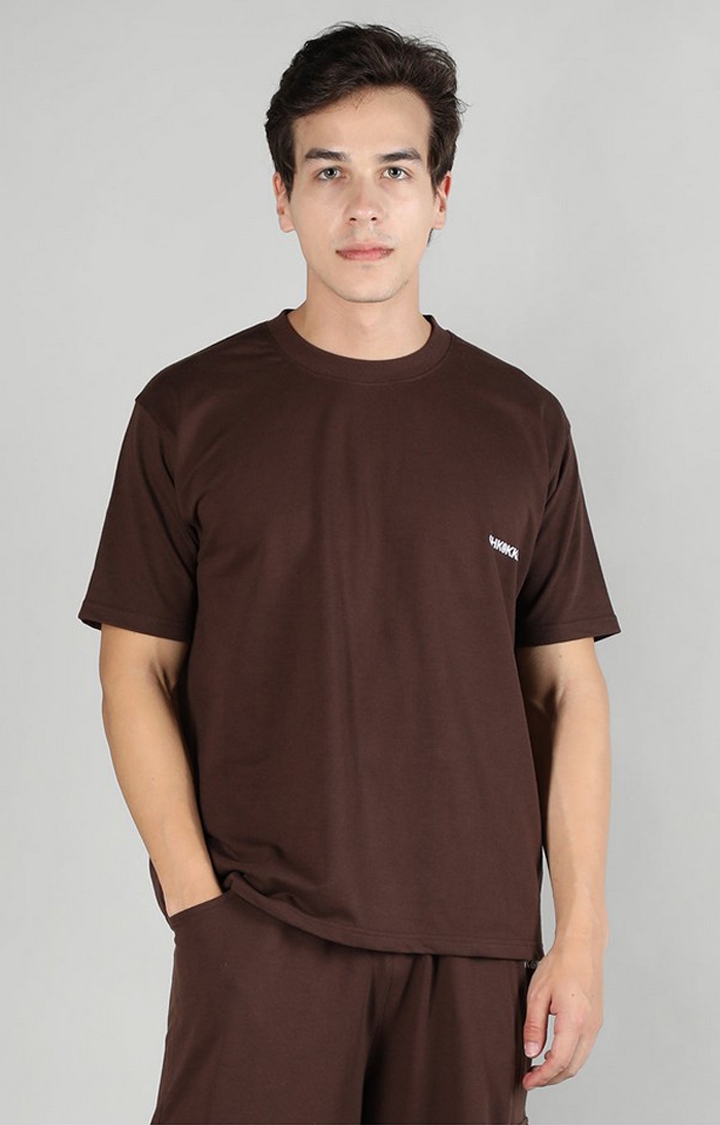 CHKOKKO | Men's Brown Solid Cotton Oversized T-Shirt