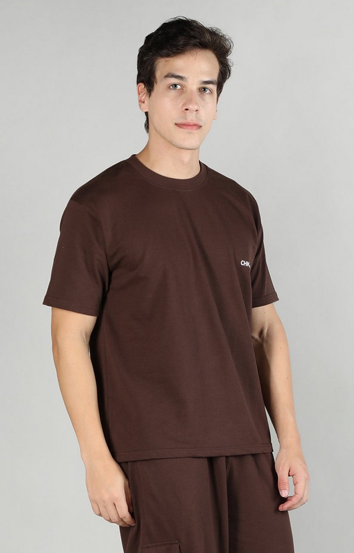 Men's Brown Solid Cotton Oversized T-Shirt