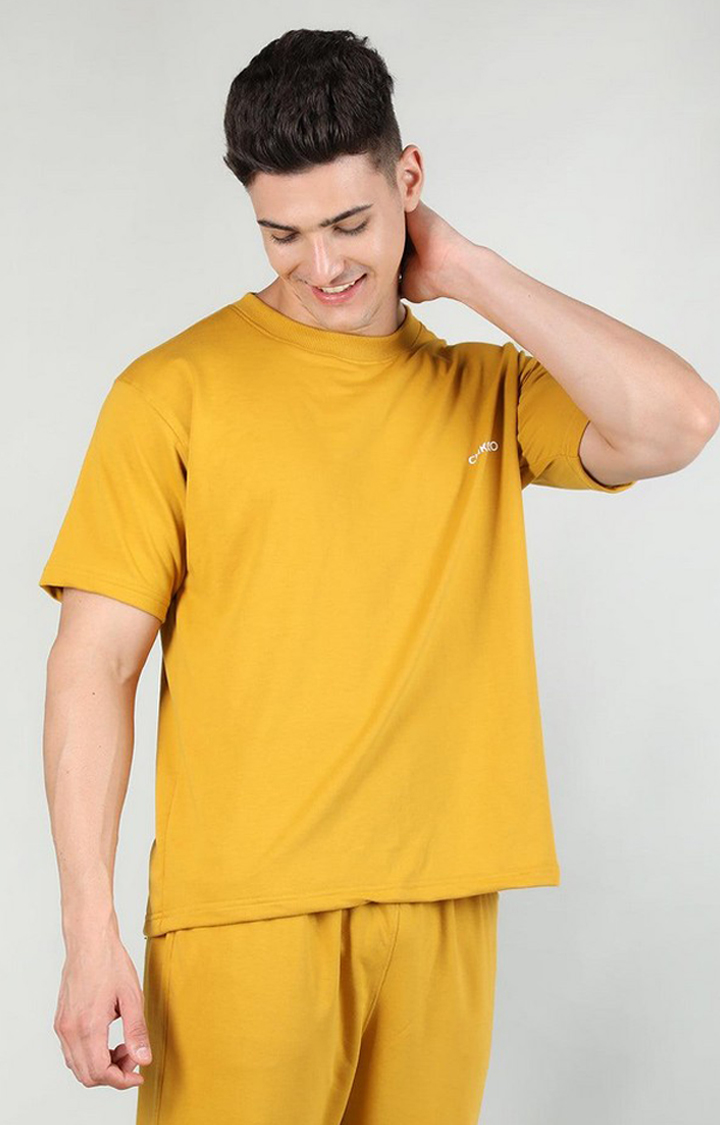 Men's Yellow Solid Cotton Oversized T-Shirt