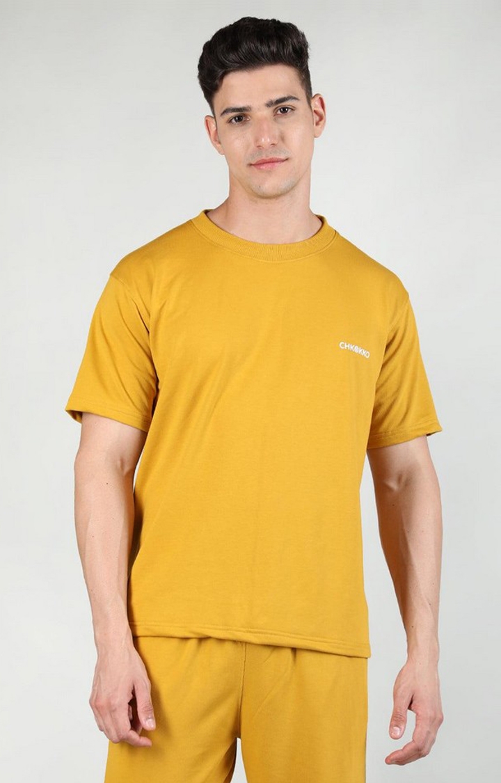 CHKOKKO | Men's Yellow Solid Cotton Oversized T-Shirt