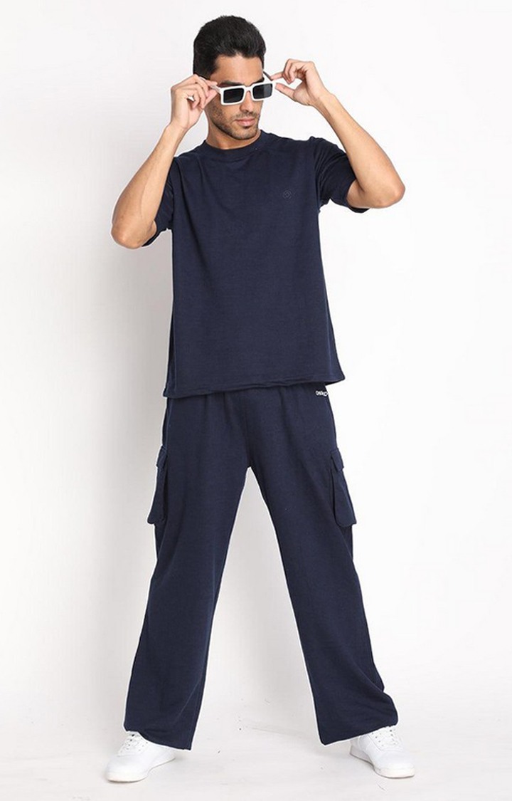 Men's Navy Blue Solid Cotton Oversized T-Shirt