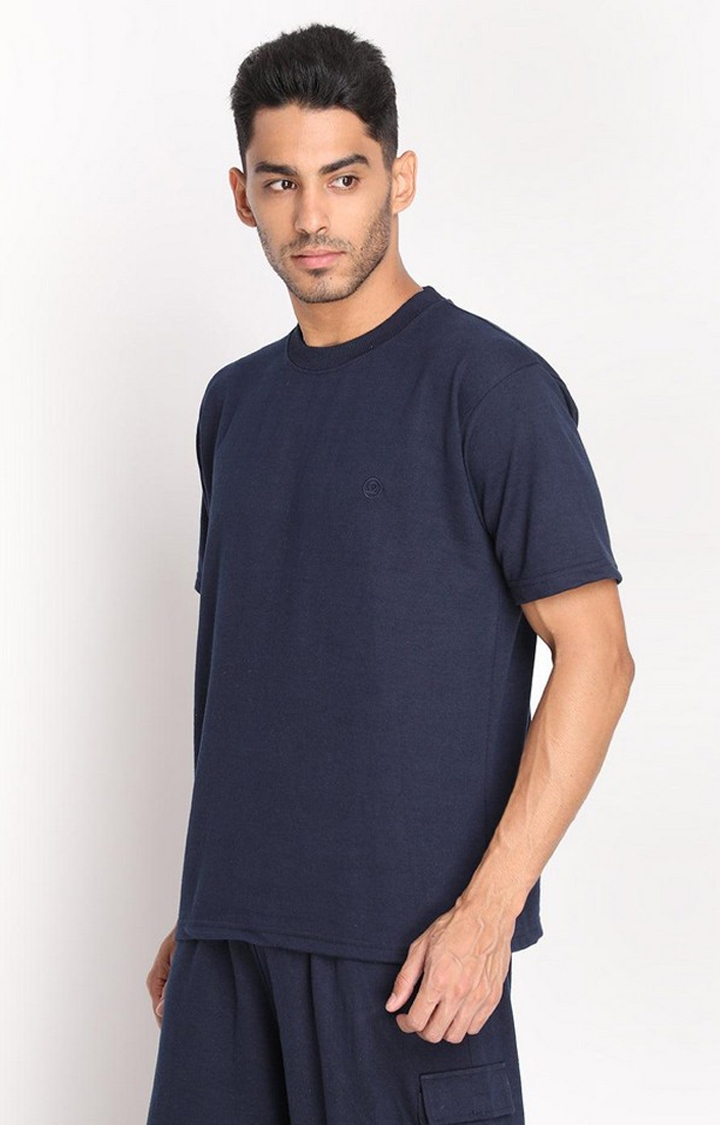 Men's Navy Blue Solid Cotton Oversized T-Shirt