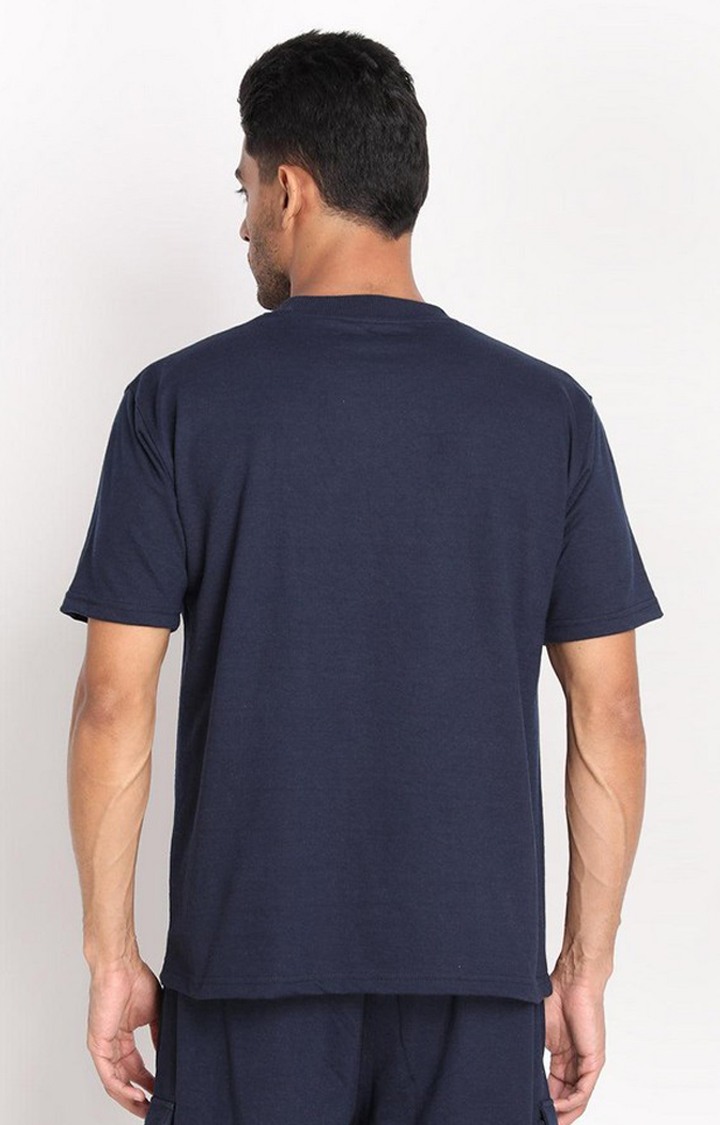 Men's Navy Blue Solid Cotton Oversized T-Shirt