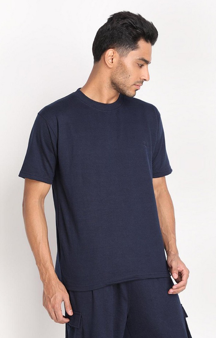 Men's Navy Blue Solid Cotton Oversized T-Shirt