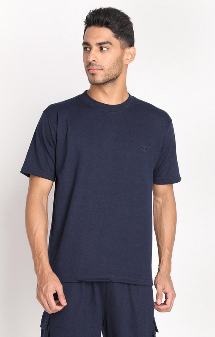 CHKOKKO | Men's Navy Blue Solid Cotton Oversized T-Shirt