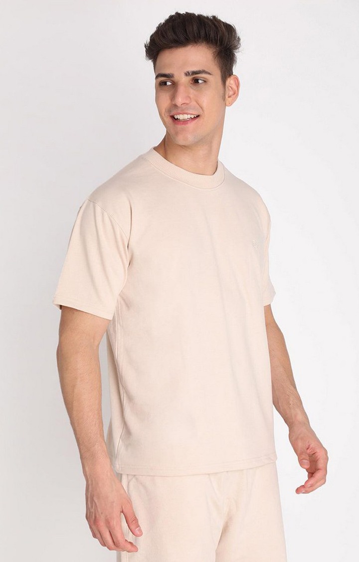 Men's Beige Solid Cotton Oversized T-Shirt