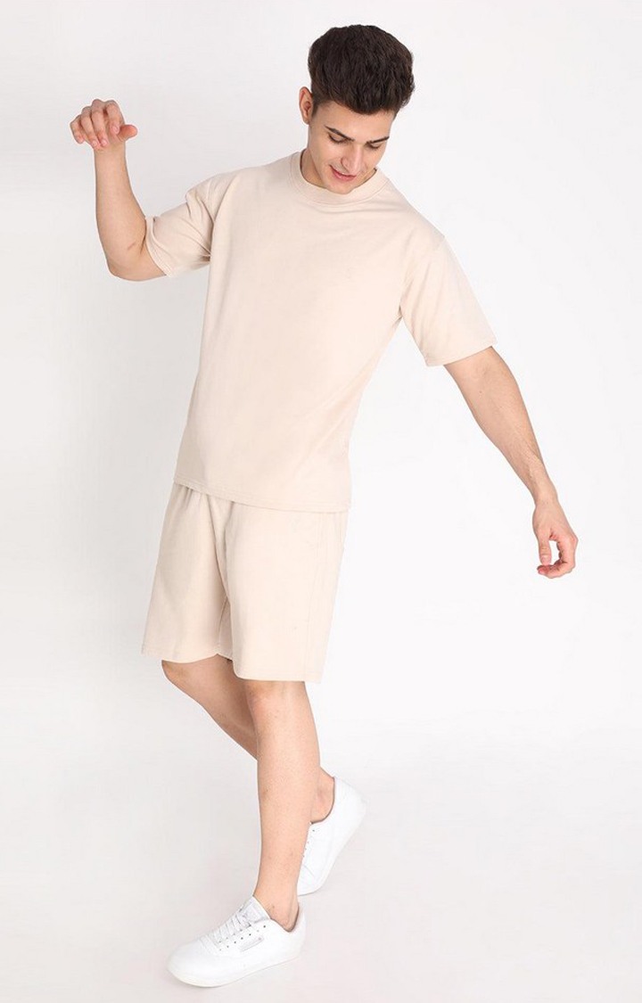 Men's Beige Solid Cotton Oversized T-Shirt