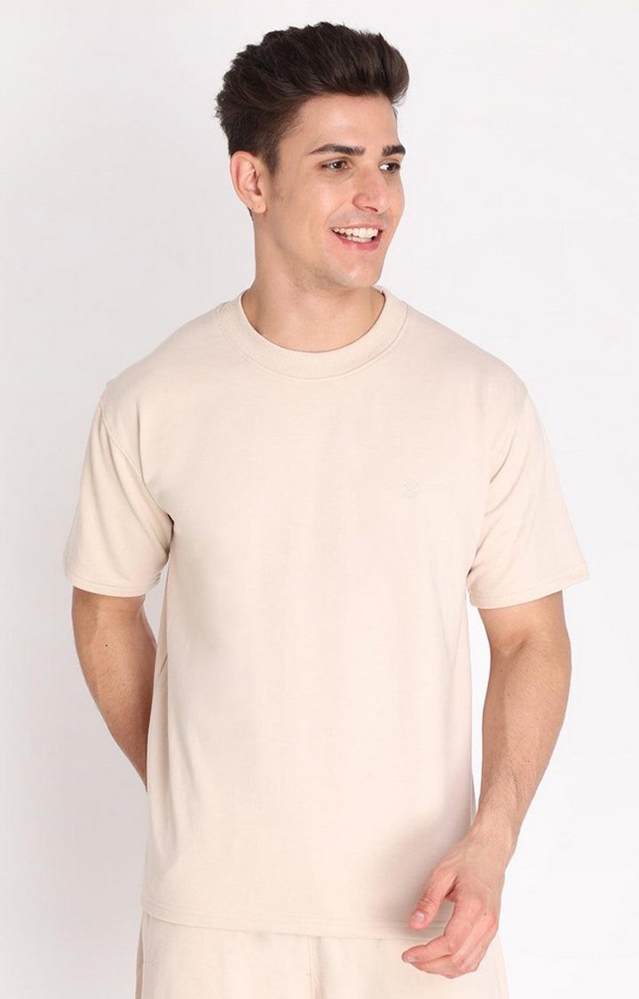 CHKOKKO | Men's Beige Solid Cotton Oversized T-Shirt