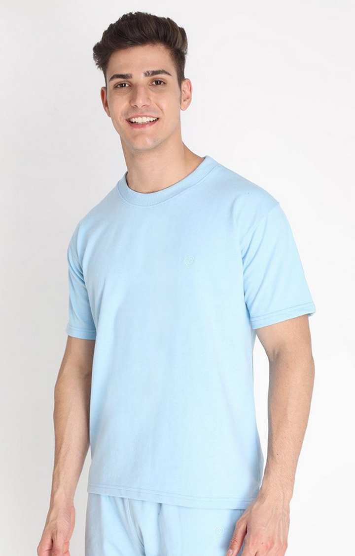 Men's Blue Solid Cotton Oversized T-Shirt