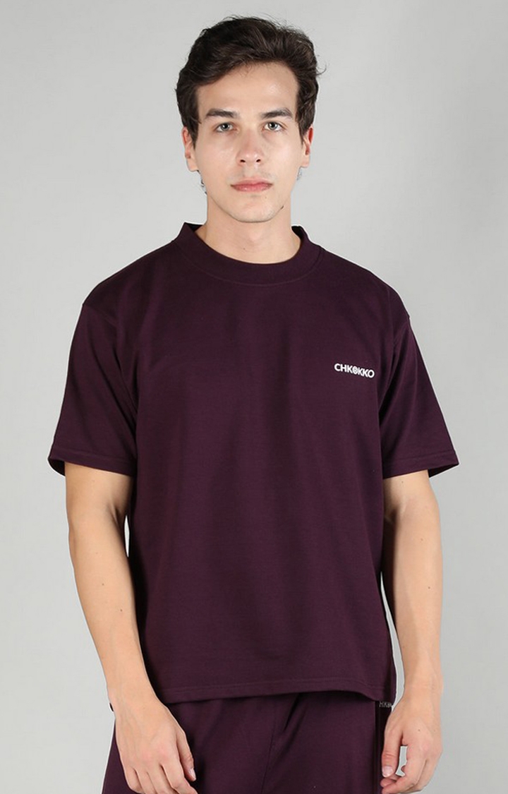 CHKOKKO | Men's Maroon Solid Cotton Oversized T-Shirt