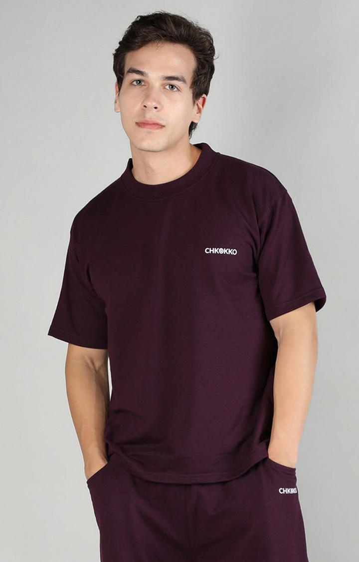 Men's Maroon Solid Cotton Oversized T-Shirt