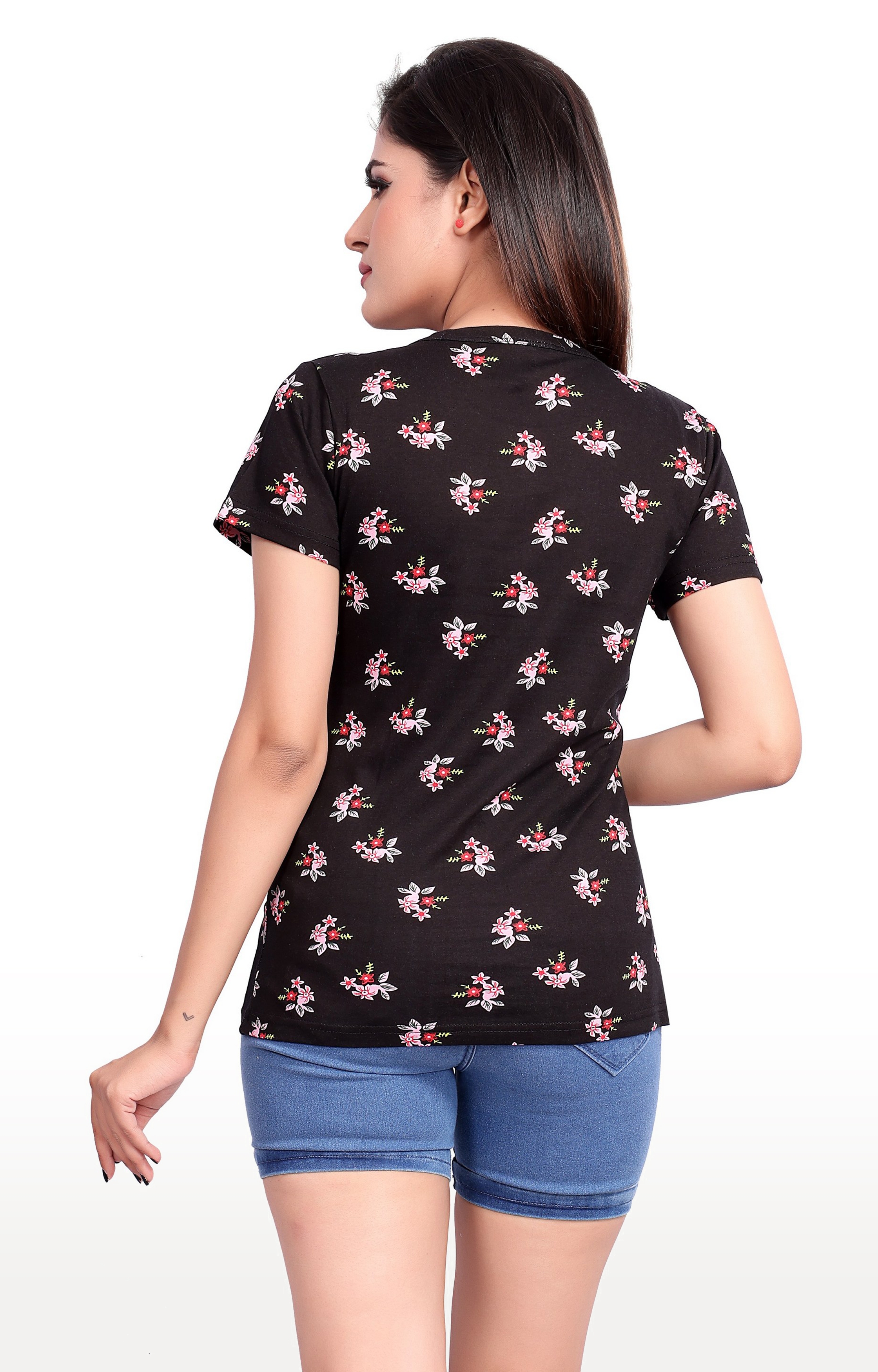 Impex | Impex Women's Black Cotton Hosiery Printed Floral Round Neck T-shirt 2