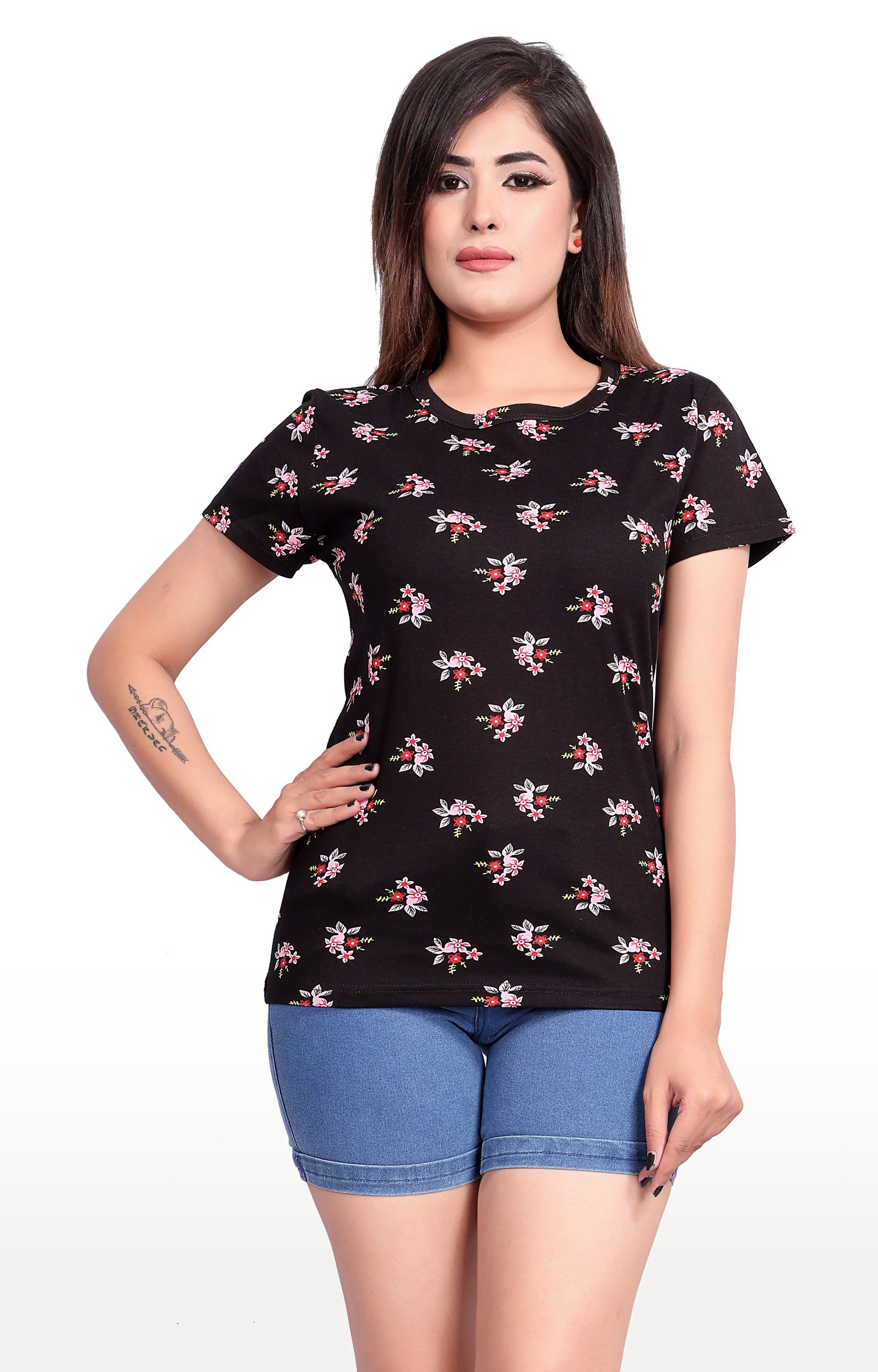 Impex | Impex Women's Black Cotton Hosiery Printed Floral Round Neck T-shirt 0