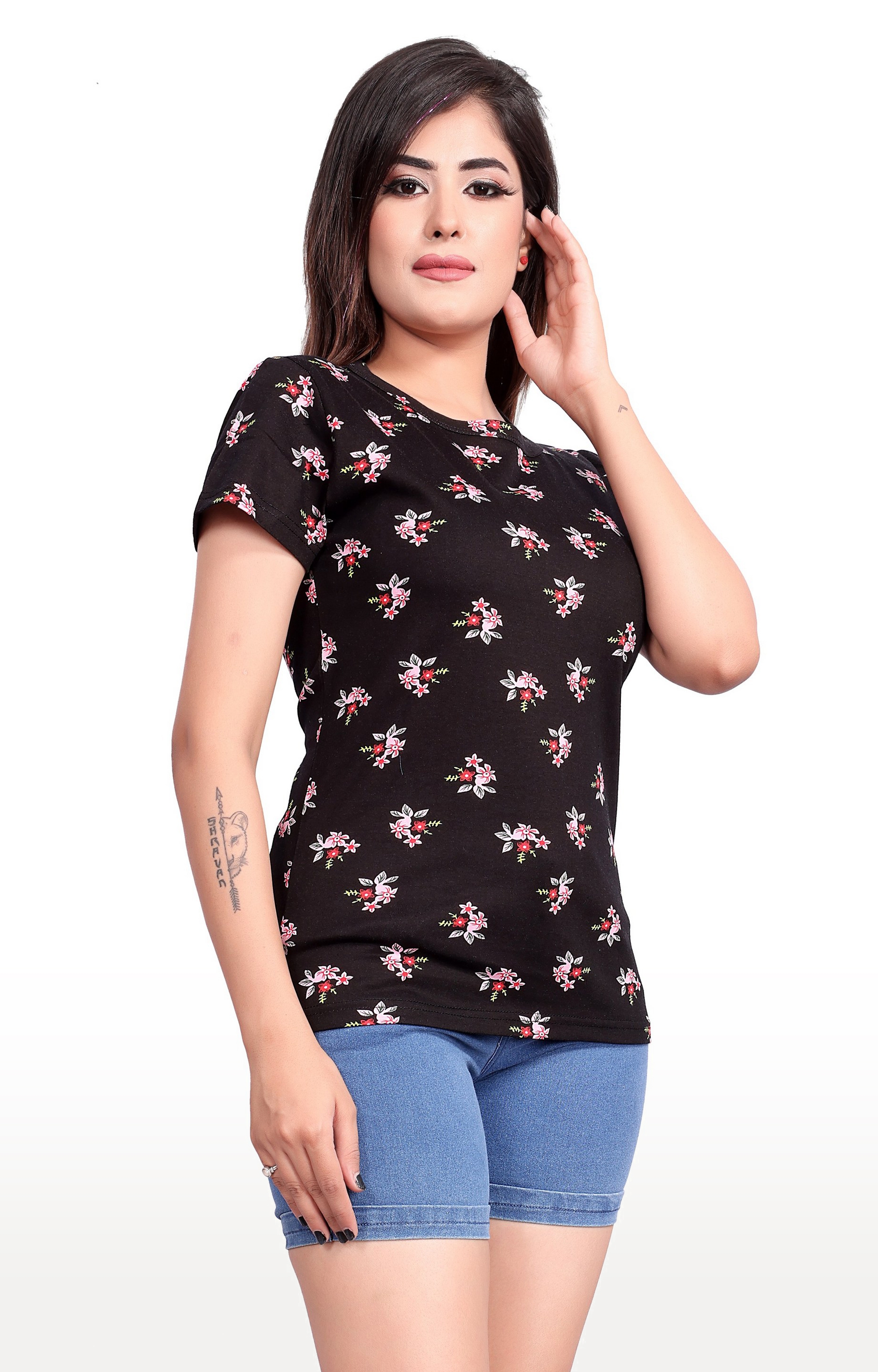 Impex | Impex Women's Black Cotton Hosiery Printed Floral Round Neck T-shirt 1