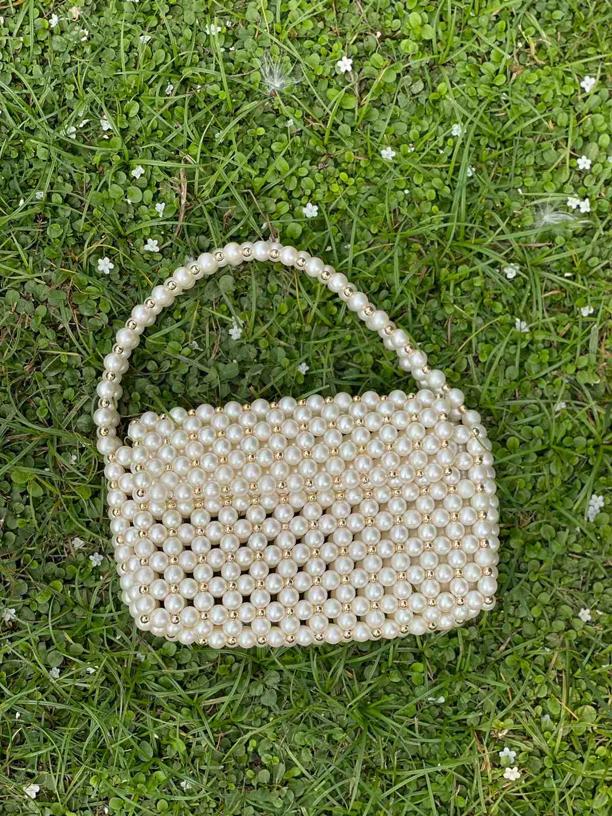 White & Gold Pearl Purse With Flap