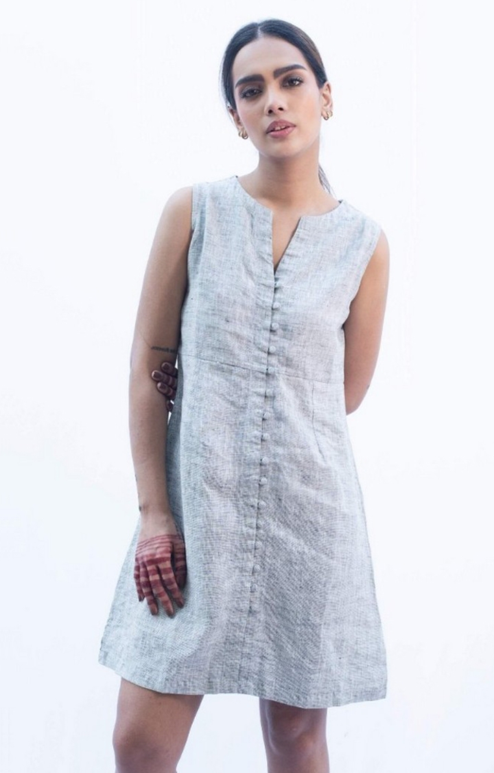 Women's Grey Linen Textured Shift Dress