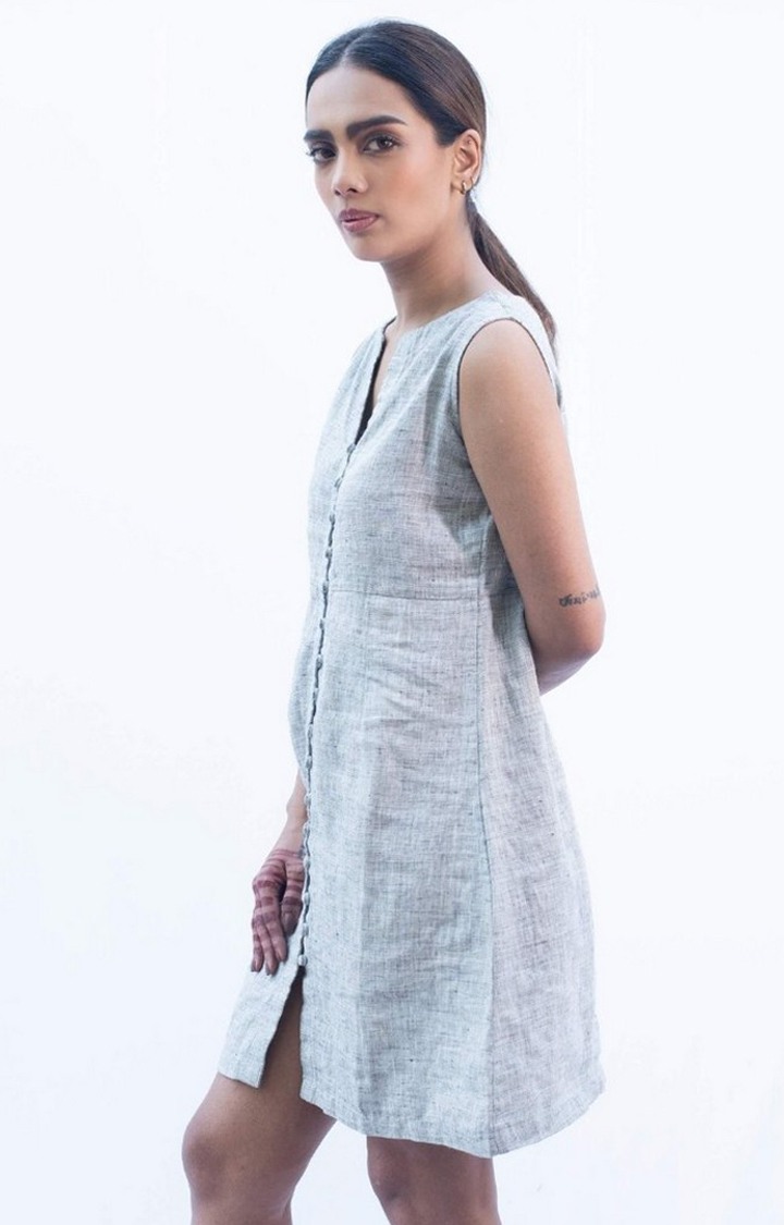 Women's Grey Linen Textured Shift Dress
