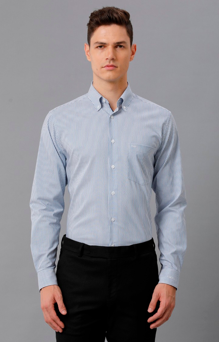 Men's Blue Polyester Striped Formal Shirt