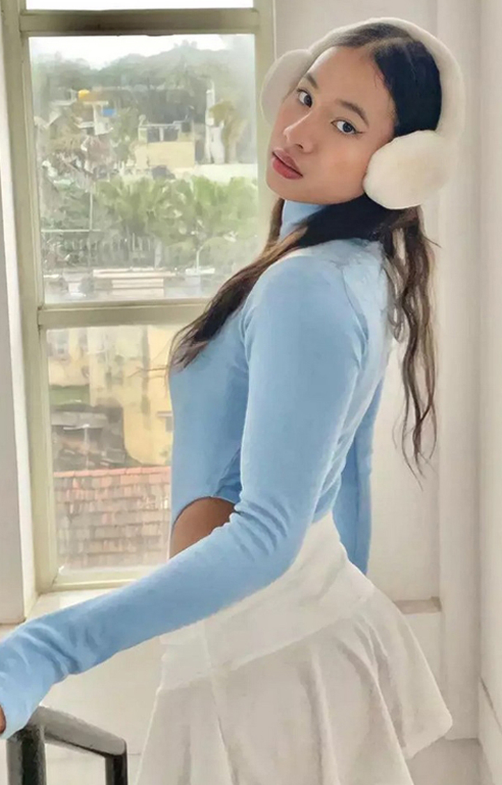 Women's Blue Turtle Neck Bodysuit