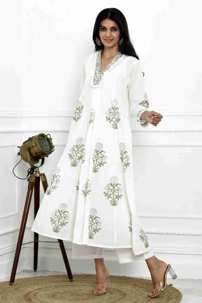 Naksh White Cotton Loose A-Line Kurta With Placement Block Printing